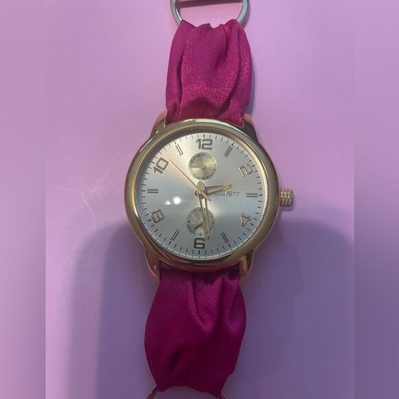 Louvett Pink Satin Fabric Watch Gold Tone NWT Includes Gold Box Case - Picture 1 of 13